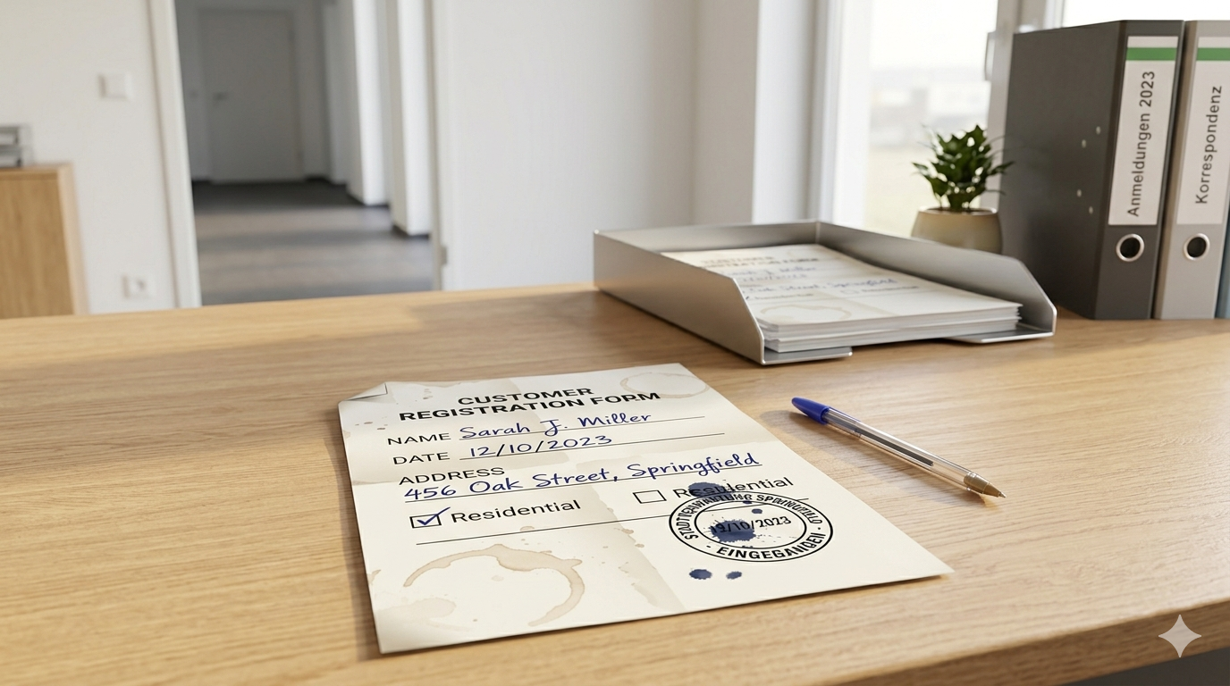 Ein handschriftlich ausgefülltes Papierformular auf einem Behördenschreibtisch